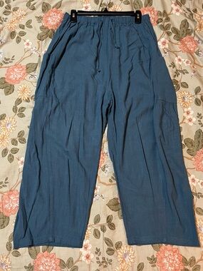 Womens Linen Wide Leg Palazzo Harem Pants Drawstring and Pockets Teal Blue Med